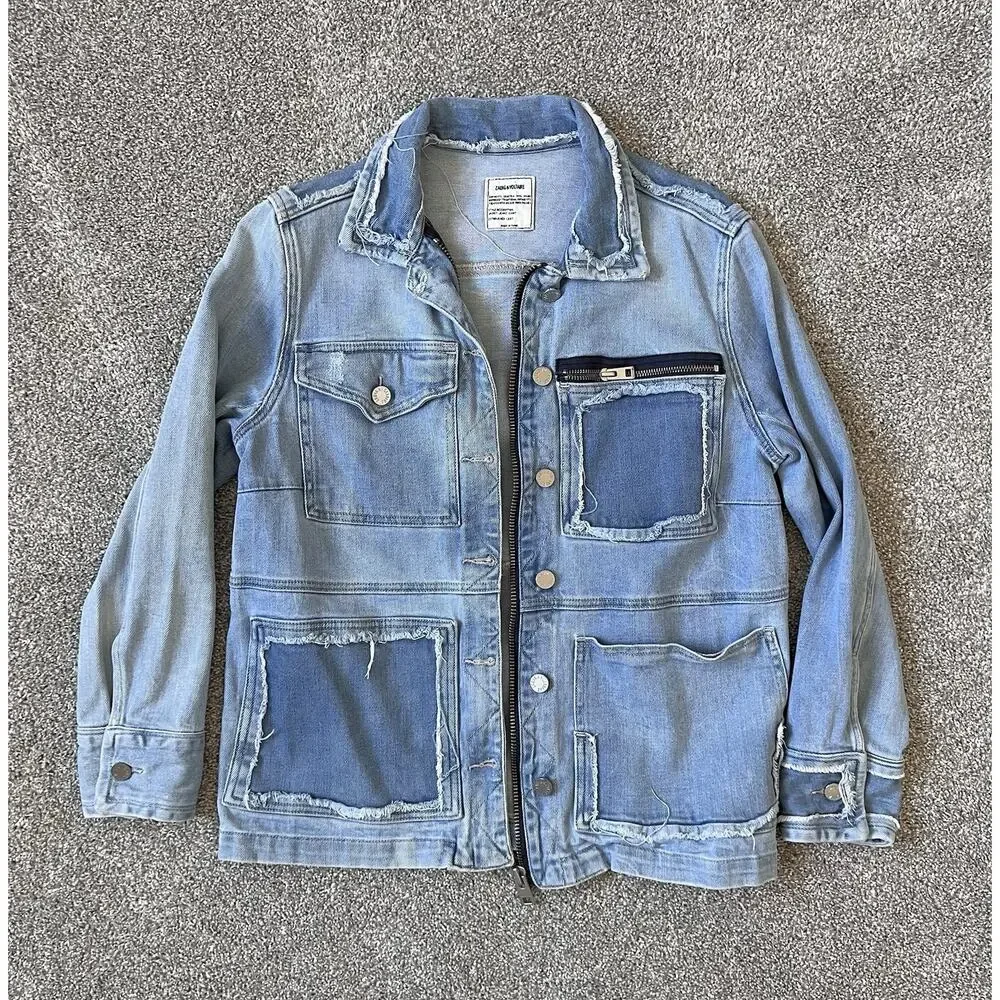 ZADIG & VOLTAIRE Kick Destroy Zip Jacket Jacket Patchwork Pockets Womens Size M - Picture 2 of 8